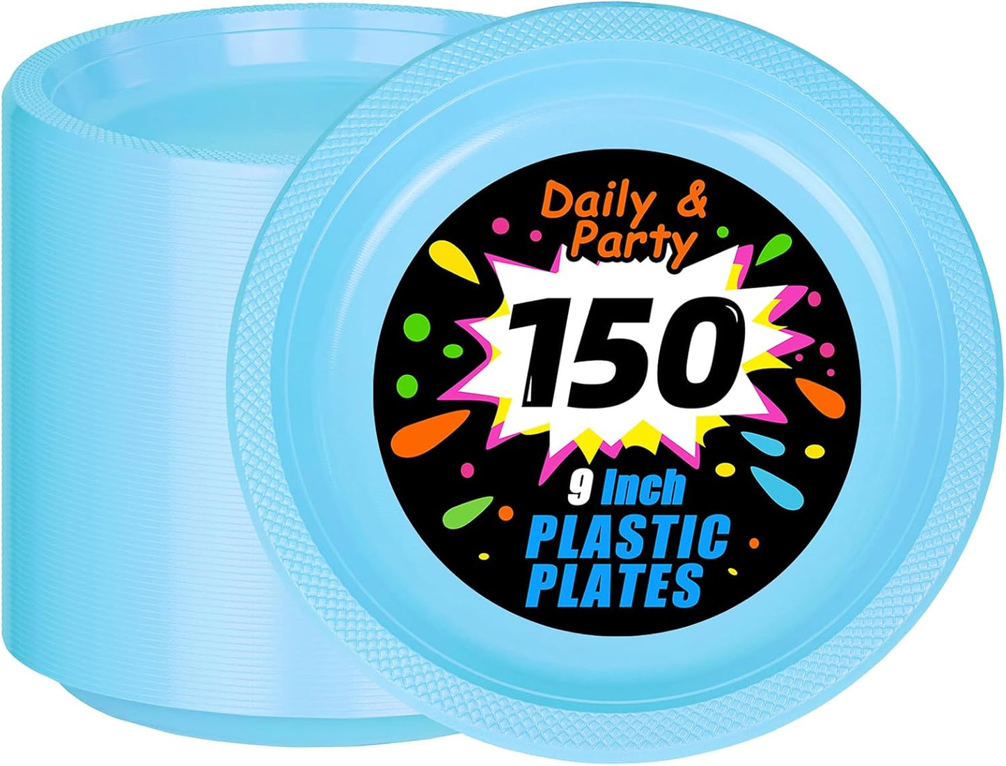 WELLIFE Light Blue Party Plates 9 Inch -150 Count, Disposable Plastic Baby Blue Dinner Plates for Party Dessert Cake Appetizer Baby Shower