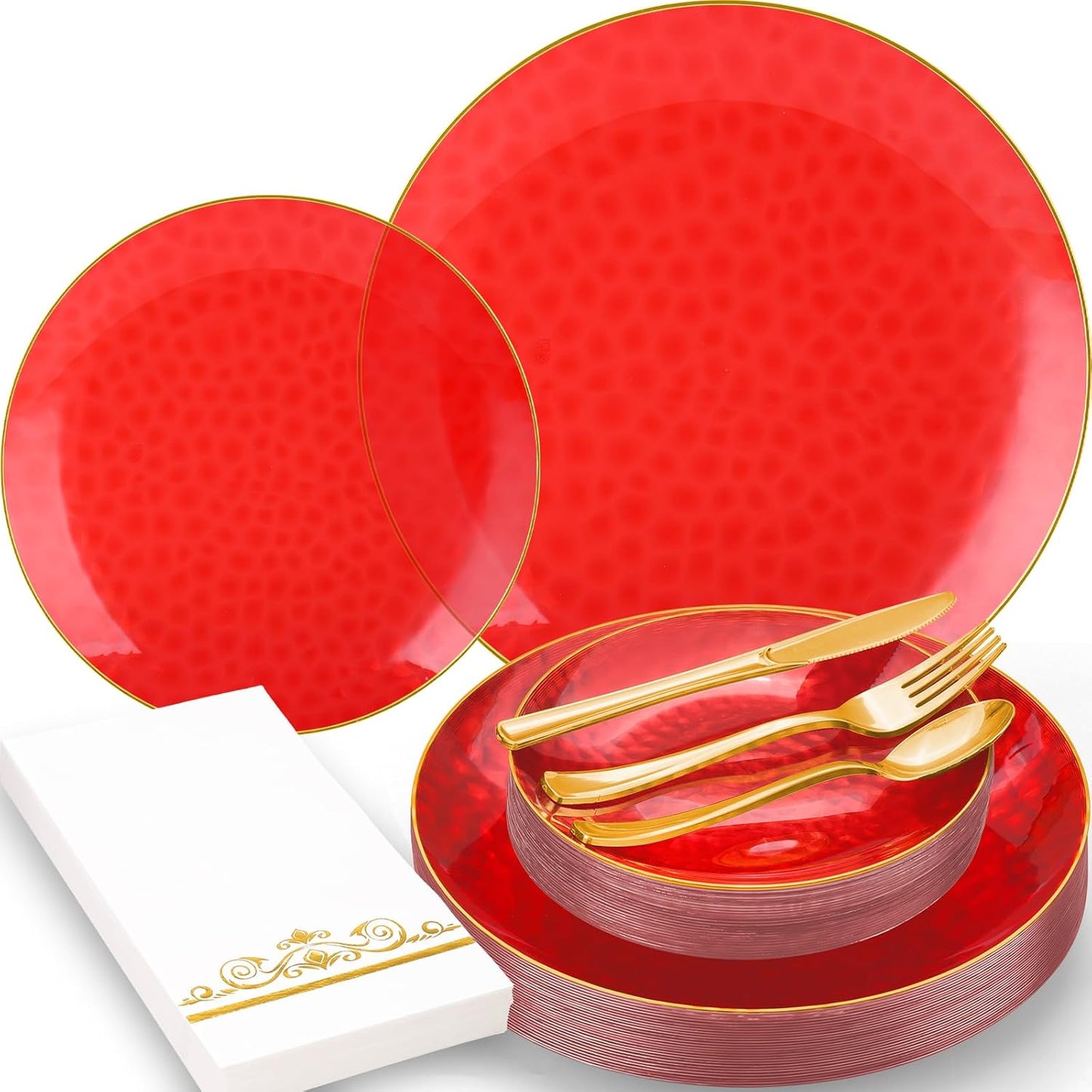 150 Pcs Red Plastic Plates - Red Gold Plastic Dinnerware Set for 25 Guests - 50 Disposable Plates, 75 Gold Silverware, 25 Napkins for Party Birthday Thanksgiving Christmas