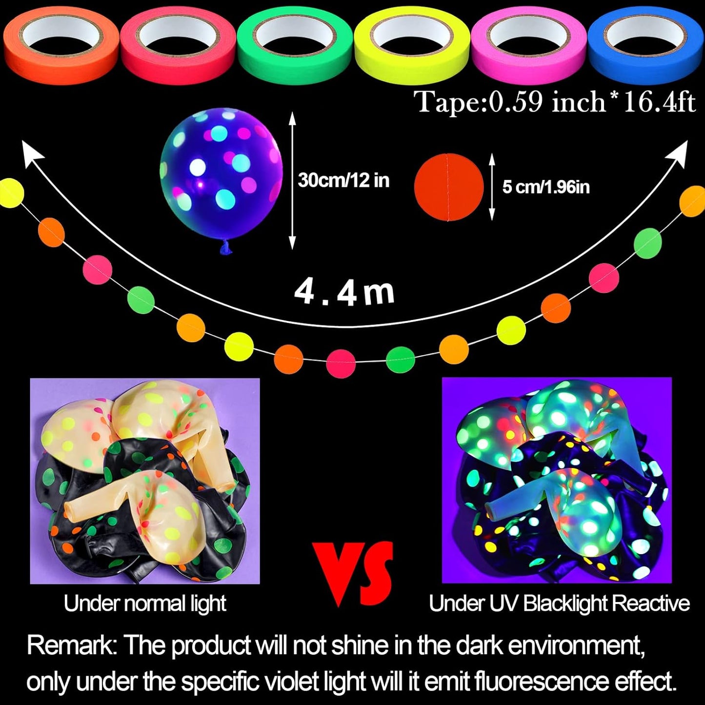 32 Pcs Glow in The Dark Party Supplies Christmas Neon Party Favors with 25 Fluorescent Balloon 6 Rolls 98.4 ft UV Blacklight Luminous Tape 14.4 ft Neon Streamer Garland for Adults(Bright Big Dot)