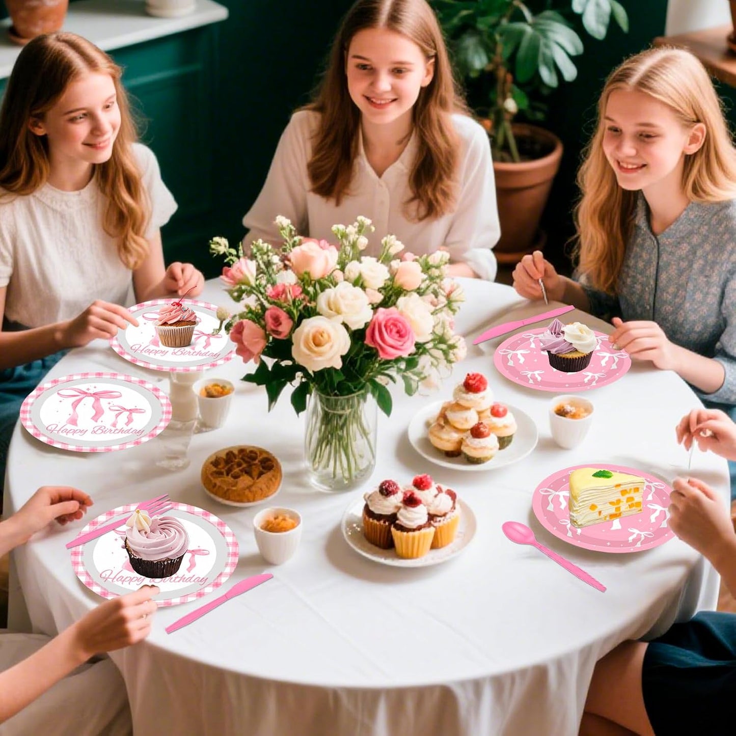 142Pcs Pink Bow Birthday Party Supplies Kit,Lncludesice Bow Themed Plates Cups Napkins Cutlery Tablecloth and Banner, for Bridal Engagement Princess Birthday Party Decorations,Serve 20