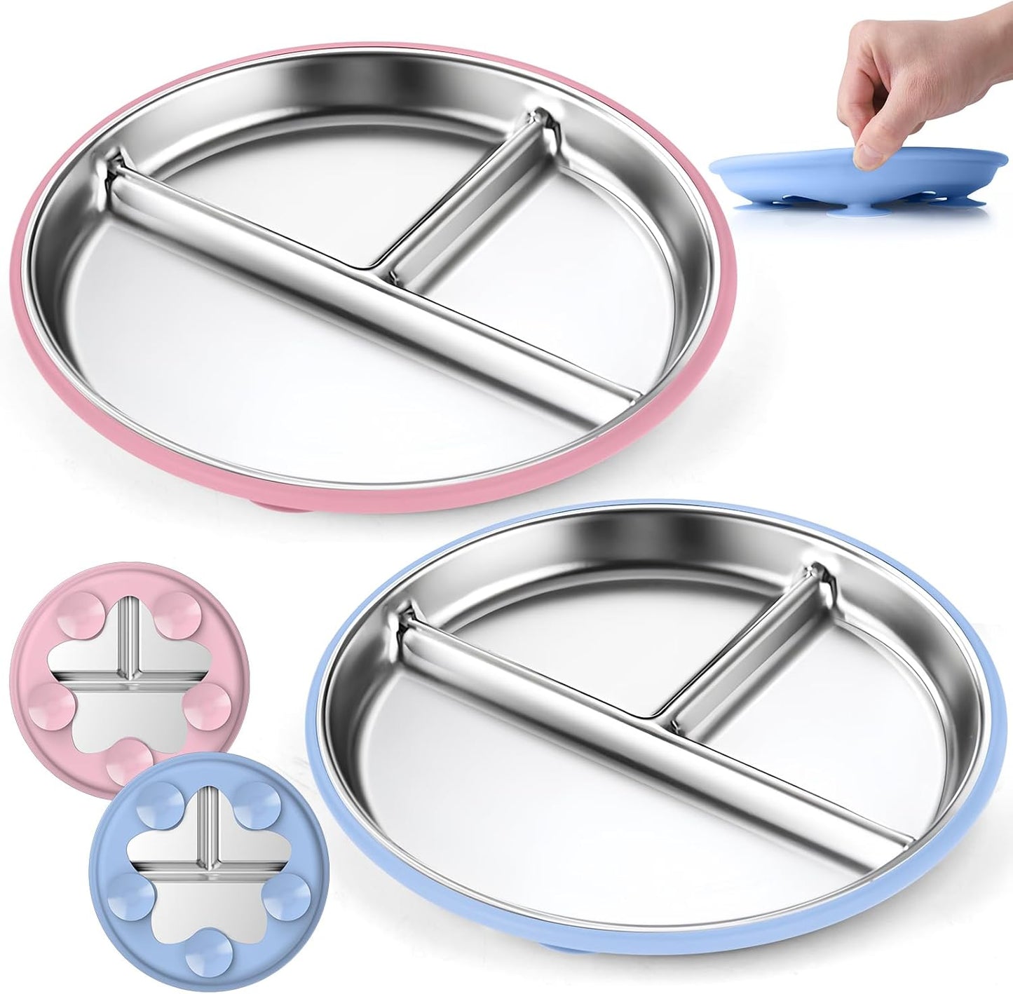 OVV Stainless Steel Kids Plates (2 Pack) 9 Inch Toddler Divided Plates with ﻿Removable Silicone Sleeves & 5 Suction Cups Baby Self Feeding | Mess-Free Mealtime | Dishwasher Safe