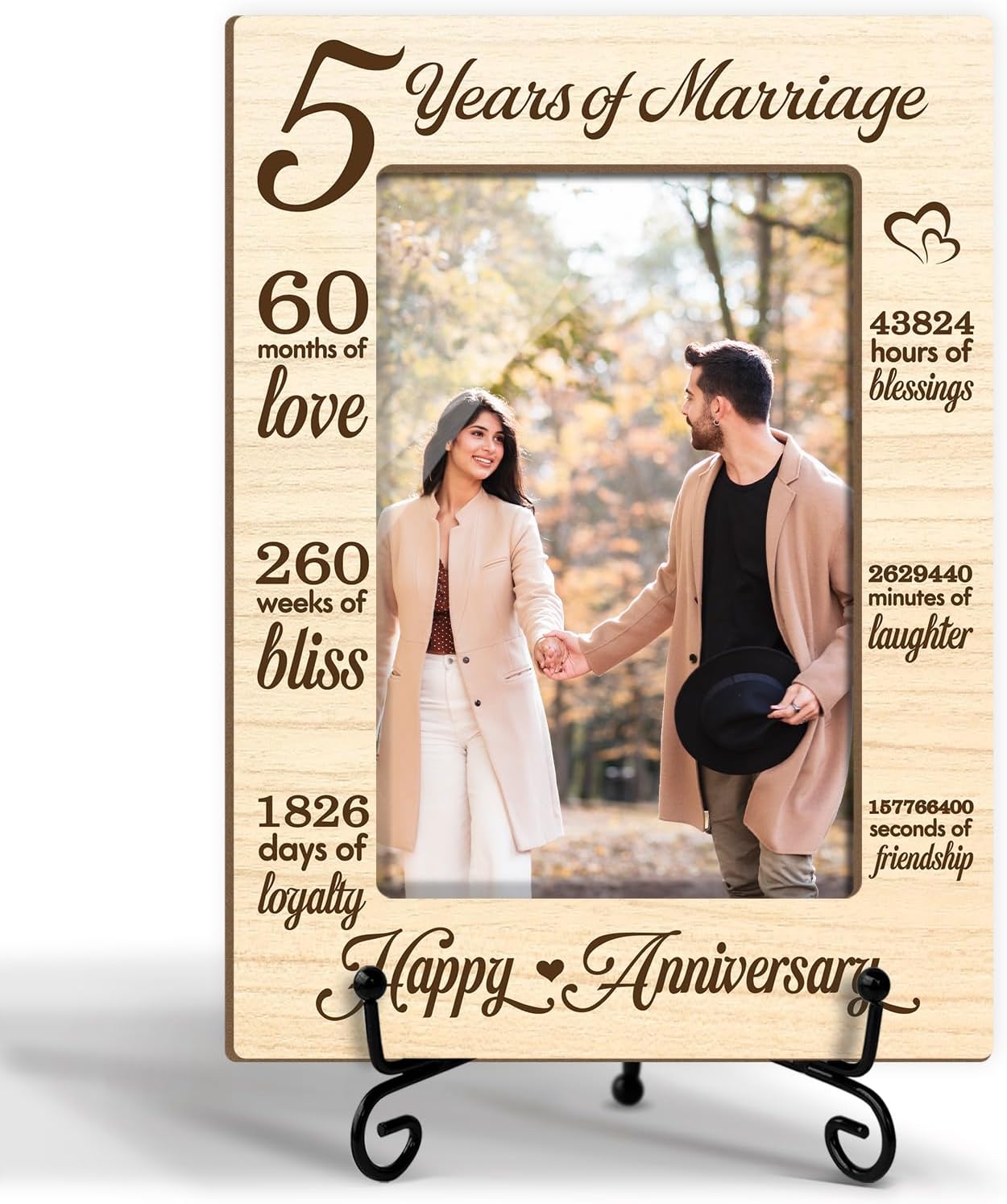 5 Years of Marriage Picture Frame, 5th Anniversary Wedding Valentines Gifts For Husband Wife Couple, 4x6 Wooden Picture Frame Tabletop Display Home Decor -03