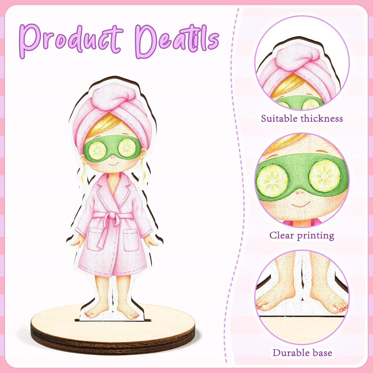 16 Pcs Wooden Spa Sleepover Party Table Centerpiece Sleeping Slumber Party Tabletop Detachable Sign Display Decoration Pink Purple Spa Birthday Table Toppers Photo Props Favor Supplies