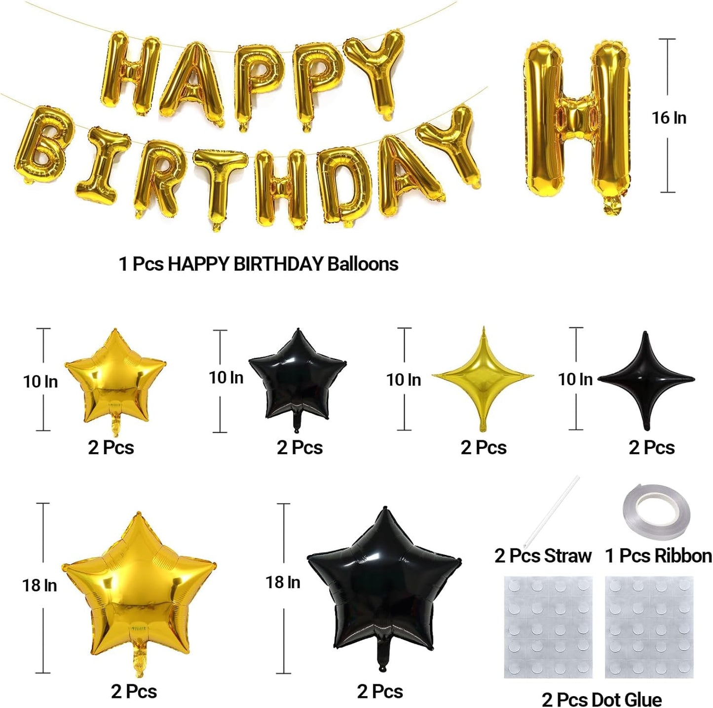 KALOR Gold Black Happy Birthday Balloons Kit with16 Inch Mylar Foil Letters Balloon and Star Balloons for Women, Men, Boys & Girls Kids Birthday Decorations Photo Backdrop