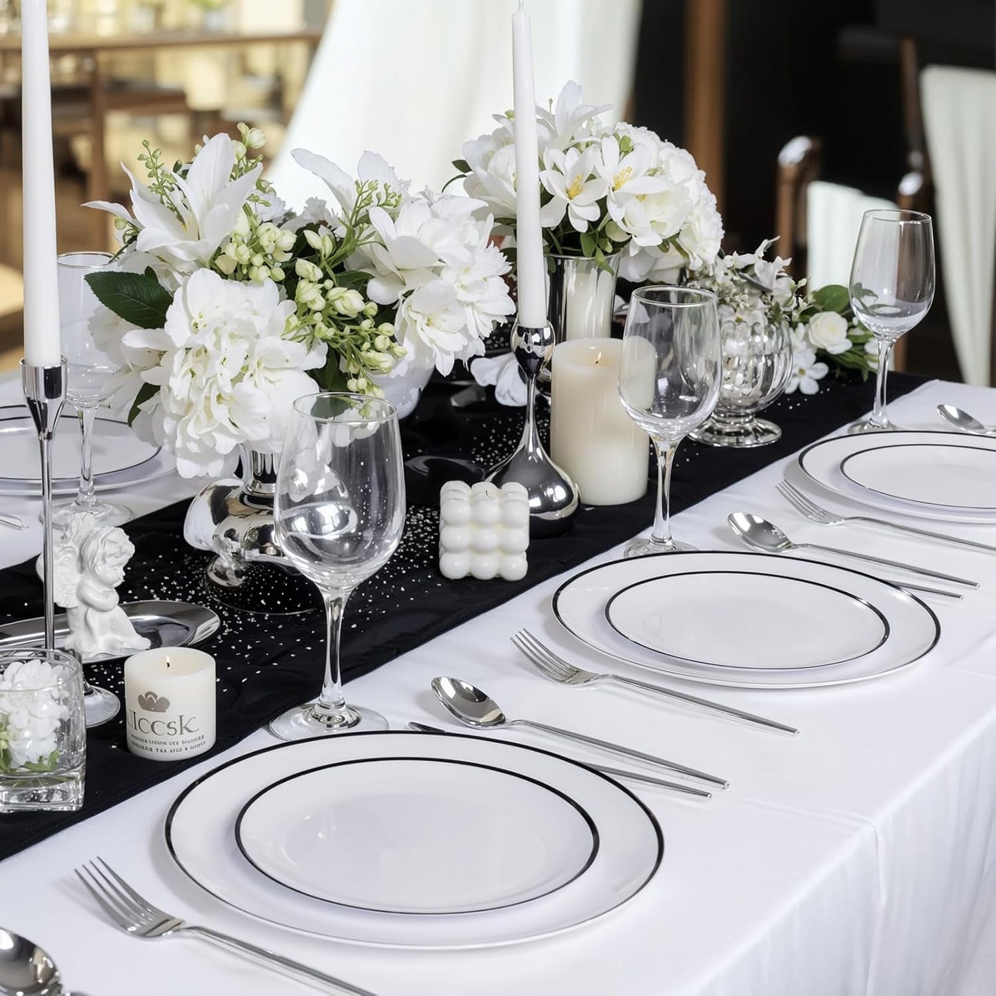 LIYH 60 Pcs White Plastic Plates Disposable for Party Halloween Plates Black and White Plastic Disposable Heavy Duty Party Wedding Plate Including 30 Dinner 10.25” & 30 Dessert Plate 7.5"