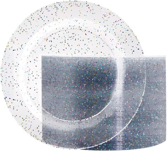 Liacere 100Pieces Colored Glitter Plastic Plates- Clear- Dessert Plates -7.5inch Glitter Plastic Dinner Plate Perfect for Wedding & Party & Birthday&Halloween