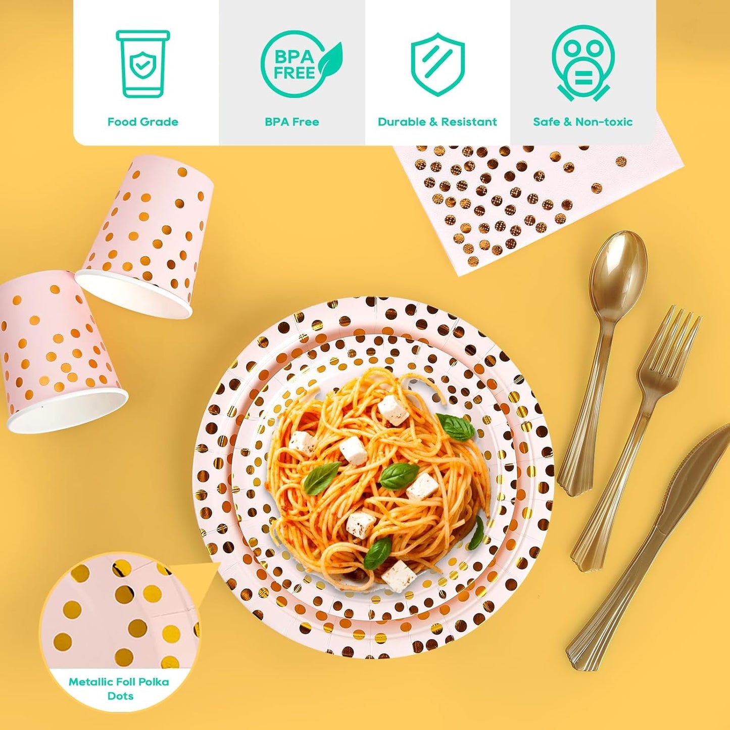 Pink and Gold Party Supplies - 350 PCS Disposable Dinnerware Set - Pink Paper Plates Napkins Cups, Gold Plastic Forks Knives Spoon for Graduation, Birthday, Thanksgiving, Cocktail Party