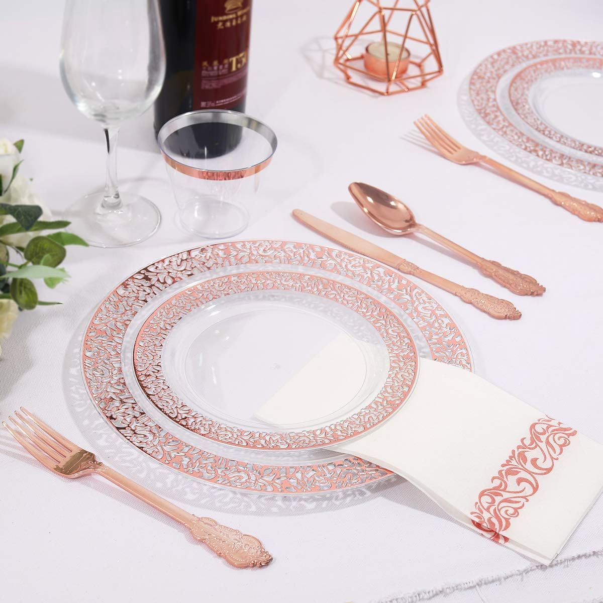 I00000 50 Guests Clear Rose Gold Plastic Plates - Disposable Dinnerware Set Includes: 100 Clear Rose Gold Plastic Plates, 150 Silverware, 50 Napkins, 50 Cups Perfect for Party & Wedding