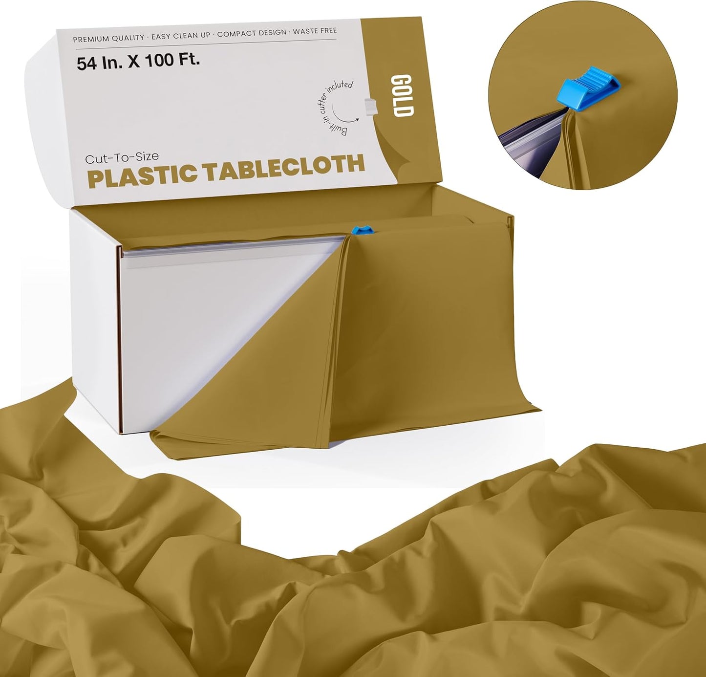 Party Solids 54 Inch X 100 Feet Gold Plastic Table Cover Roll in A Cut - to - Size Box with Convenient Slide Cutter. Cuts Up to 12 Rectangle 8 Feet Plastic Disposable Tablecloths