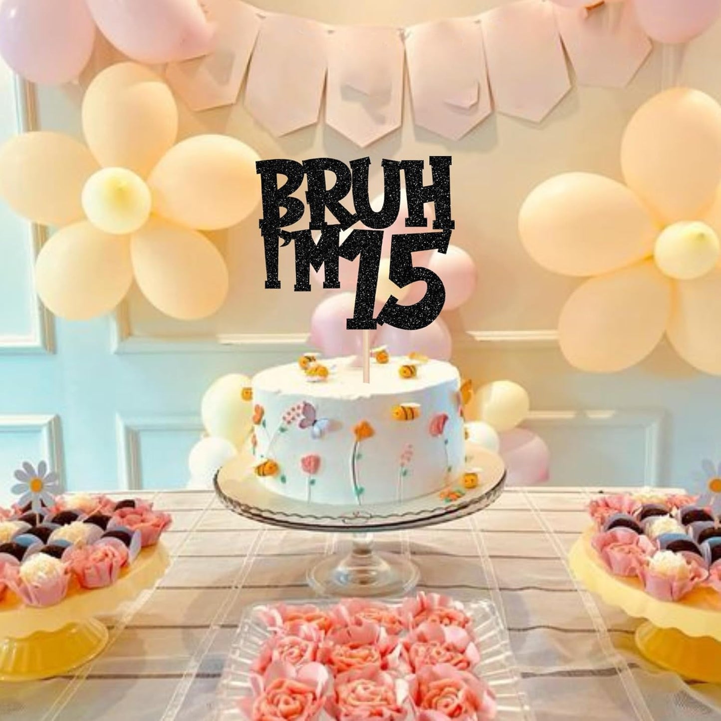 1 PCS Bruh I'm 15 Cake Topper Black Glitter Happy 15th Birthday Cake Pick Bro I'm 15 It's My 15th Birthday Cake Decoration for Cheers to 15 Years Birthday Party Decorations Supplies