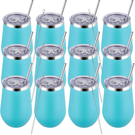 MEWAY Stemless 12oz Insulated Wine Tumbler with Lid and Straw - Double Wall Stainless Steel Thermal Cup for Hot and Cold Drinks, Ideal for Bridal and Baby Shower Game Prizes(Light Green,Set of 12)