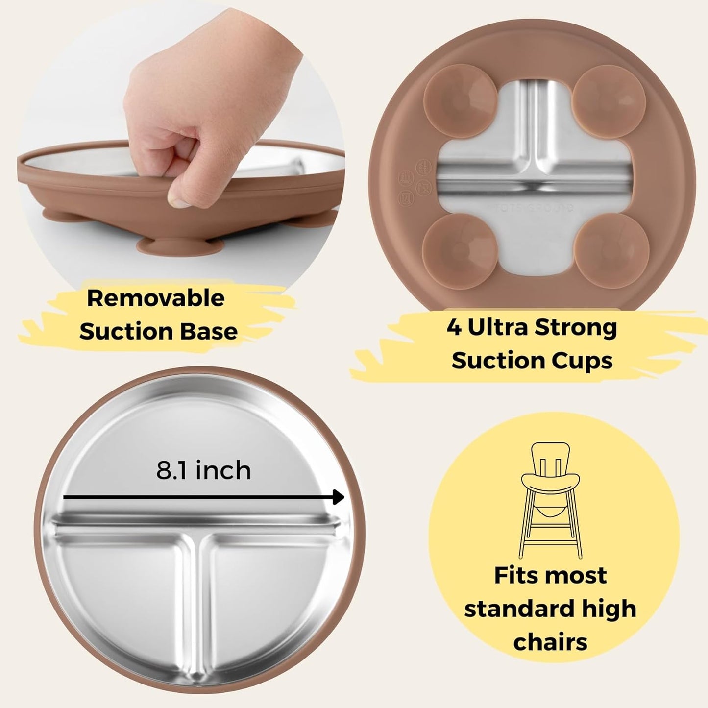 Stainless Steel Toddler Plate with Suction Set of 2, 8” Divided Plates with Removable Silicone Sleeves for Kids, Non Toxic & BPA Free | Non Slip | Unbreakable Baby Dishes, (Mocha Mousse & Sage Green)