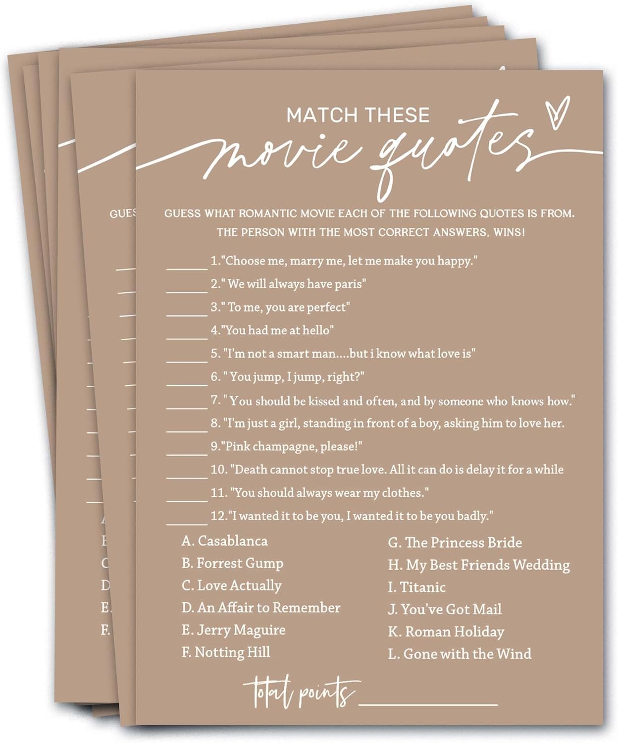 Bridal Shower Games Cards, Match These Movie Quotes, 25 Game Cards with 1 Answer Card, Engagement Party Wedding Games for Guests, Minimalist Brown Wedding Party Supplies - D09