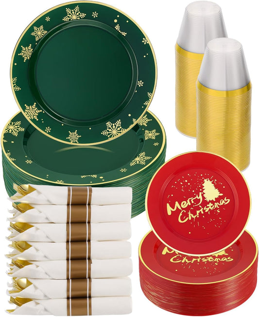 Goodluck 350 Piece Christmas Plates Sets for 50 Guests, Christmas Tableware Disposable for Party, Include 100Plates, 50Pack Pre Rolled Napkins with Silverware, 50Cups for Party, Wedding, Graduation