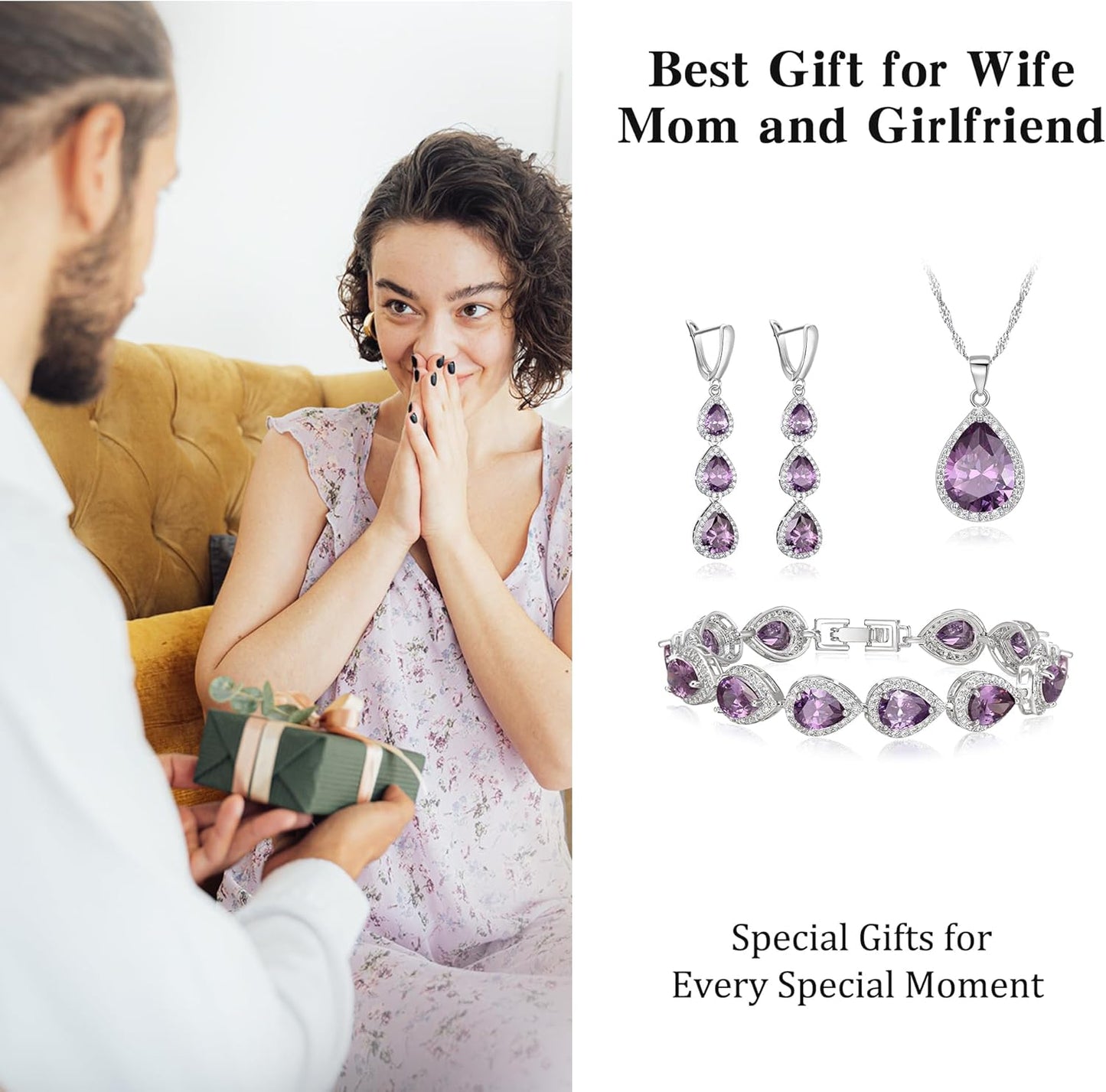 EleQueen Water Drop Pendant Necklace Long Dangle Earrings Tennis Bracelet Set, Sparkle Cubic Zirconia Teardrop Wedding Jewelry Sets for Bride Bridesmaid