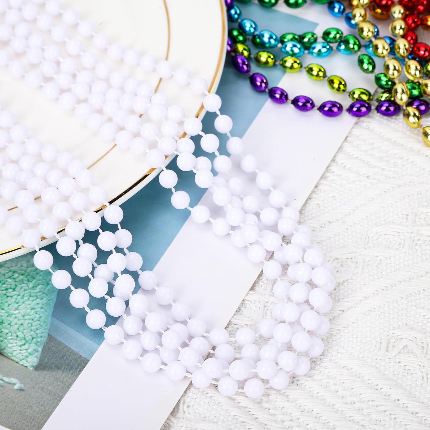 48 Pack Mardi Gras Beads Necklaces, 33 Inch Plastic Beads for Party Favors, Festival Decorations, Parade Throws, Christmas, St. Patrick's Day Celebrations