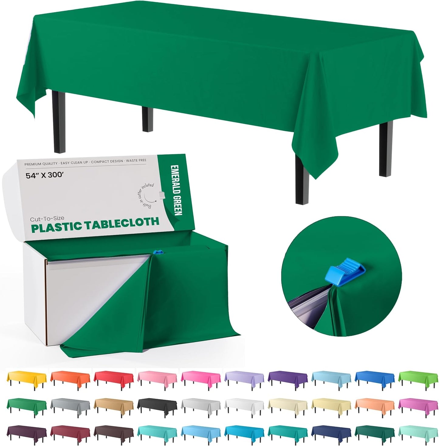 Party Solids 54 Inch X 300 Feet Emerald Green Plastic Table Cover Roll in A Cut - to - Size Box with Convenient Slide Cutter. Cuts Up to 36 Rectangle 8 Feet Plastic Disposable Tablecloths