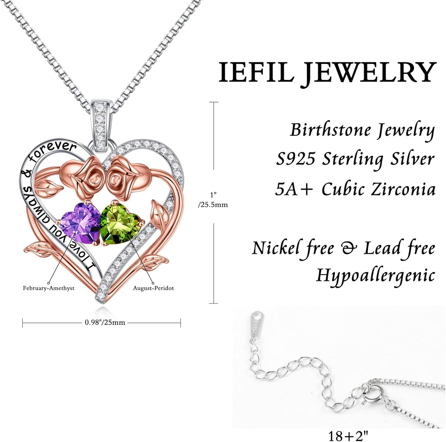 Iefil Rose Heart Double Birthstone Necklace Gifts for Wife Her Mom Women, Birthstone Jewelry Gemstone Birthday Gifts for Girlfriend Grandma Her Wife Women