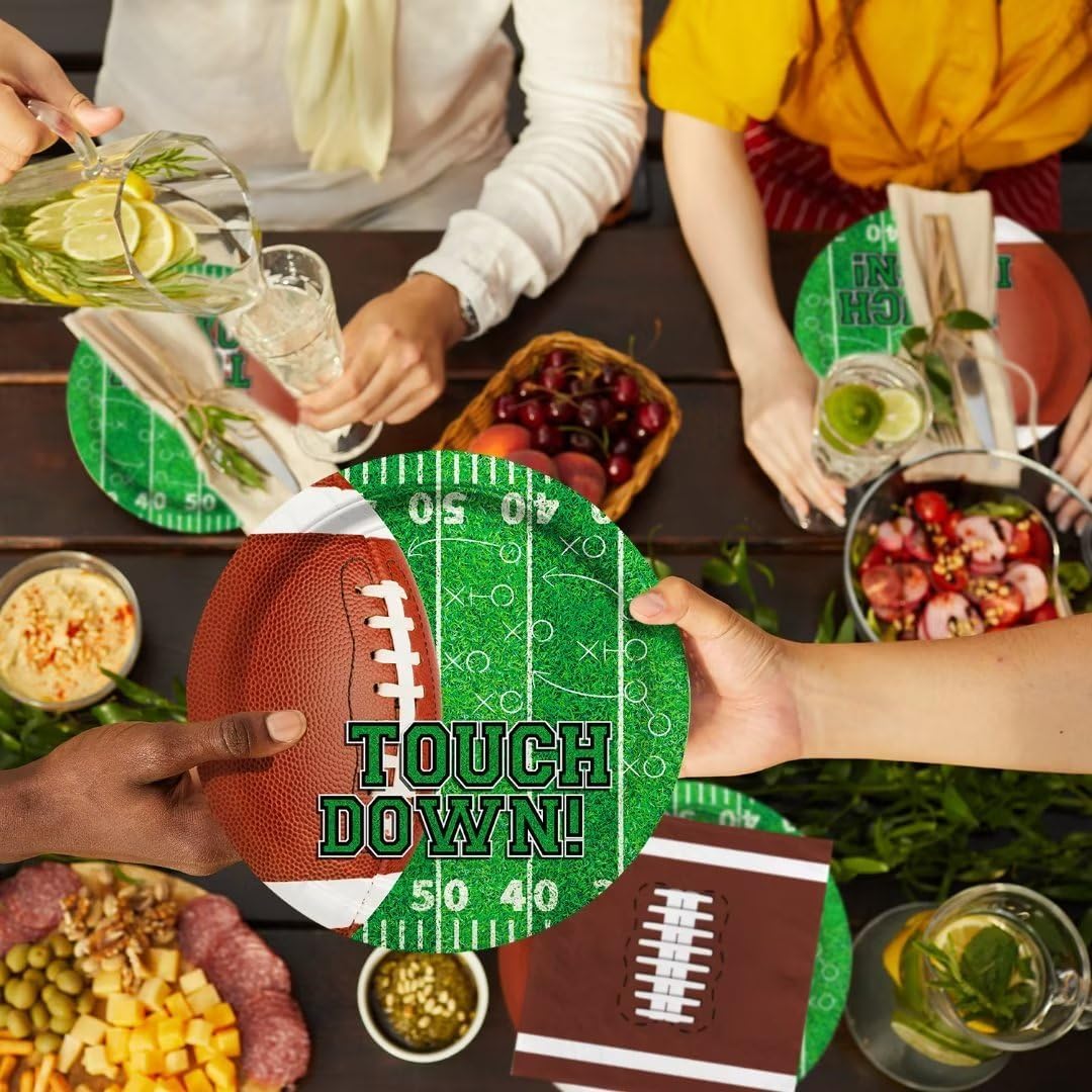 Gatherfun Football Party Supplies Kit Serve 24,Includes Dinner Plates, Dessert Napkins, Cups,Banner and Touchdown Tablecloth for Birthday Gameday Tailgate Decorations, Green (2023053002)