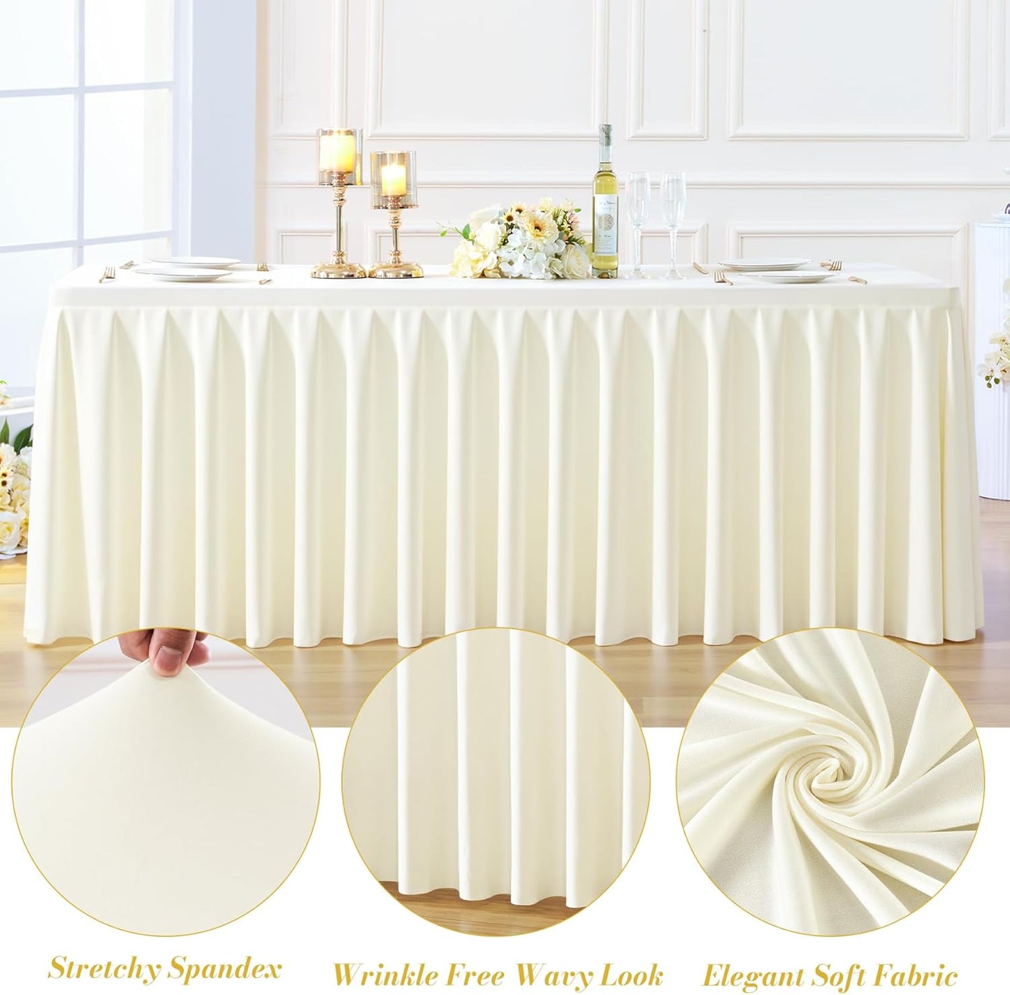 8 Pack Ivory Rectangle Tablecloth 6 FT Stretch Spandex Fitted Table Cloth for 6 Foot Rectangle Tables Banquet Tablecloths Wrinkle Free Table Cover Skirt Ruffle Tablecloth for Party Wedding Birthday