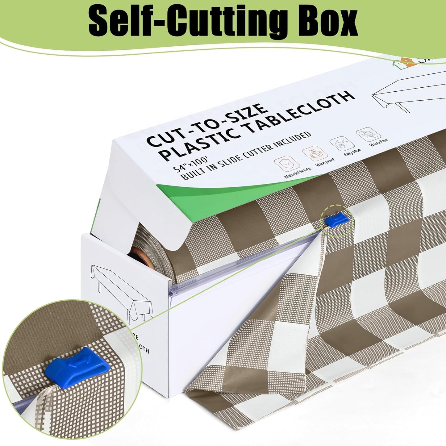 Smiry 54 Inch x 300 Feet Disposable Table Cover Roll, Khaki & White Plastic Table Cloth in Cut-to-Size Box with Slide Cutter, Waterproof Rectangle Tablecloths for Weddings, Banquets, Outdoor