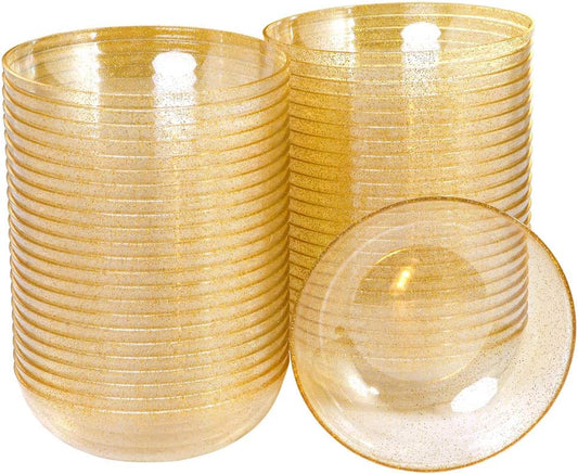 bUCLA 50Pack Gold Glitter Plastic Bowls - 10oz Disposable Crystal Salsa/Dessert Bowls for Wedding & Party