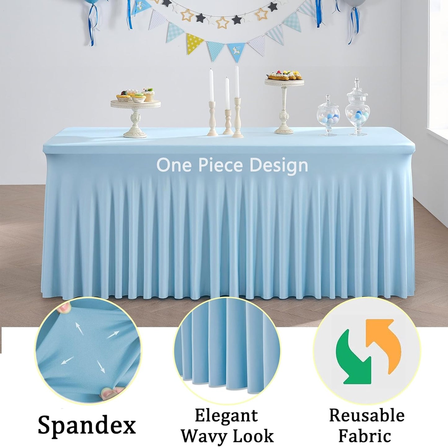 2Pack Baby Blue Spandex Table Clothes for 6 Foot Rectangle Tables, Fitted Table Cover 6ft Stretch Tablecloths Desk Skirt for Parties Weddings Birthday Banquet Baby Shower