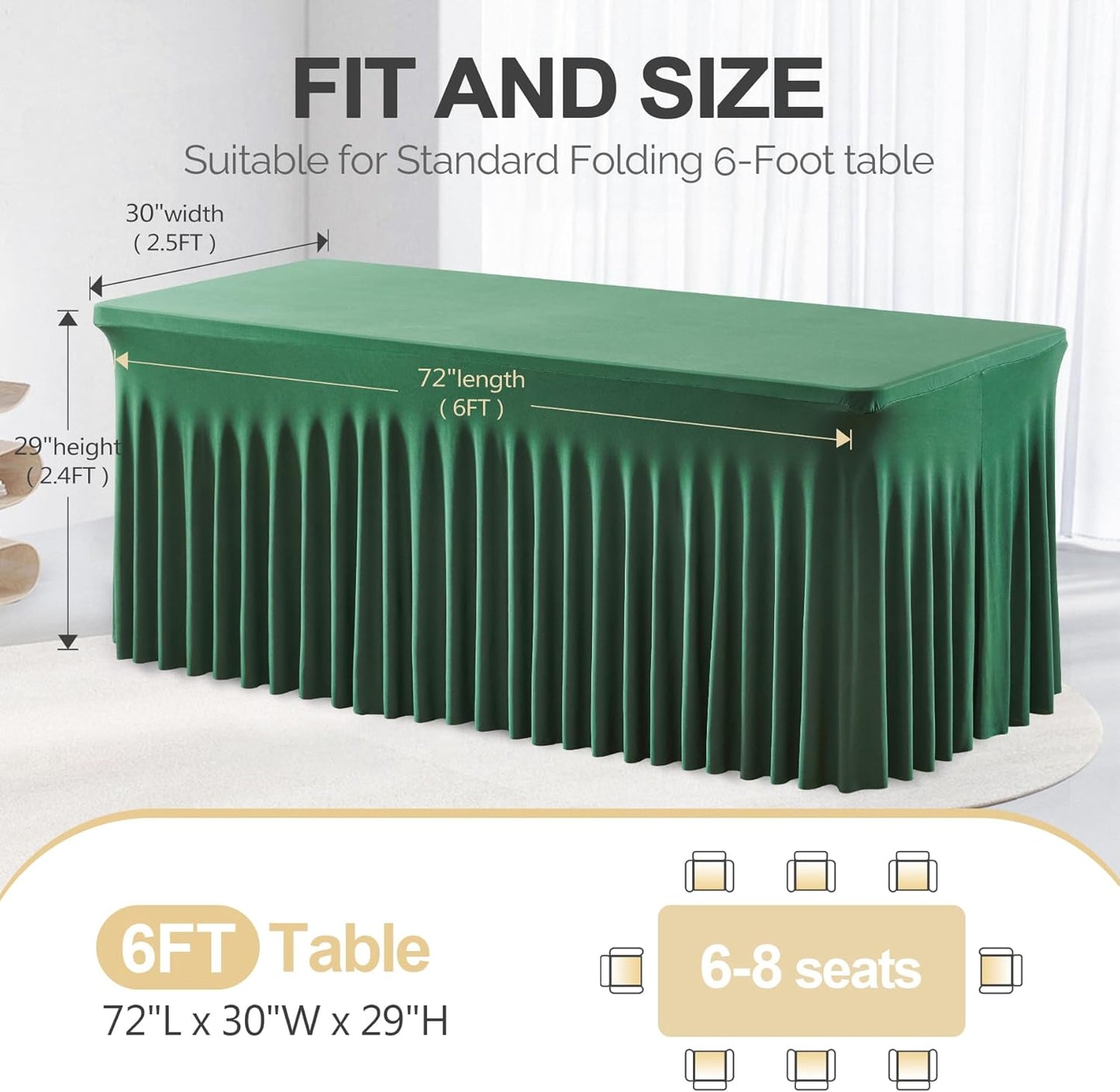 PARTISKY Hunter Green Spandex Tablecloth for 6ft Rectangle Tables, Stretchable Table Cover Skirt for Folding Tables Weddings Parties Banquets Events Trade Shows and Dessert Table, 72"x30"(Rectangular)