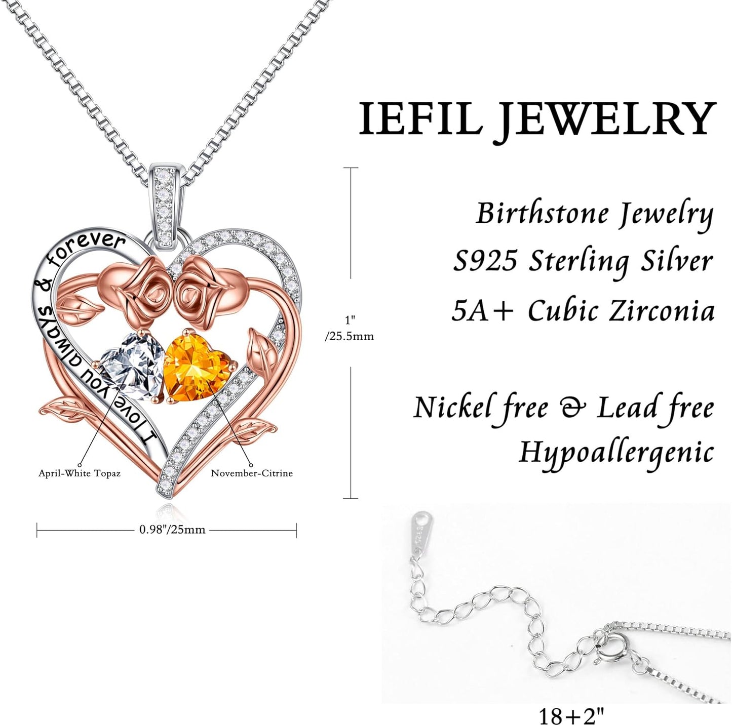 Iefil Rose Heart Double Birthstone Necklace Gifts for Wife Her Mom Women, Birthstone Jewelry Gemstone Birthday Gifts for Girlfriend Grandma Her Wife Women