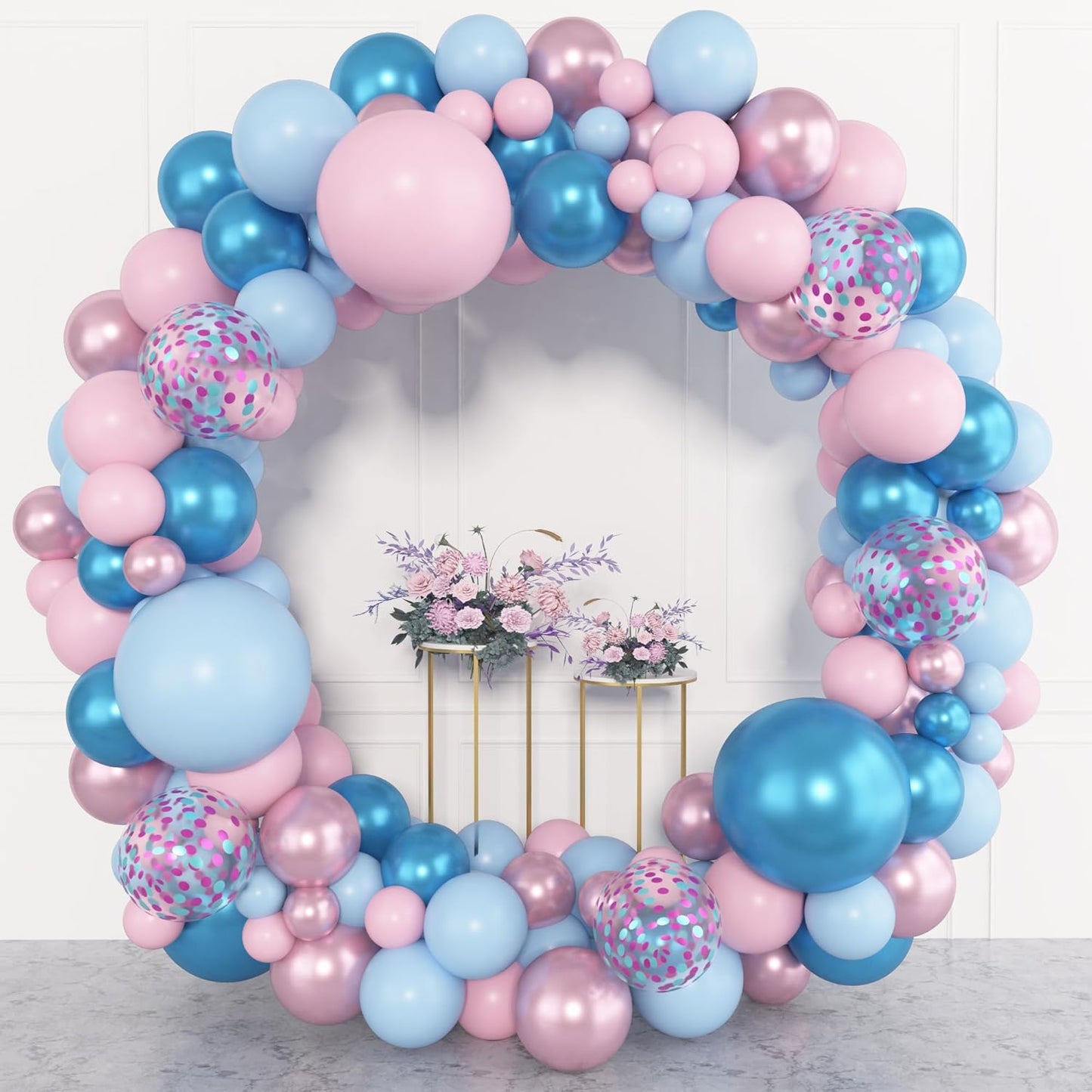 Amandir 153pcs Pink Blue Balloon Garland Arch Kit, Different Sizes 18 12 10 5 inch Metallic Pink Blue Latex Confetti Balloons for Boy Girl Gender Reveal Neutral Baby Shower Birthday Party Decoration