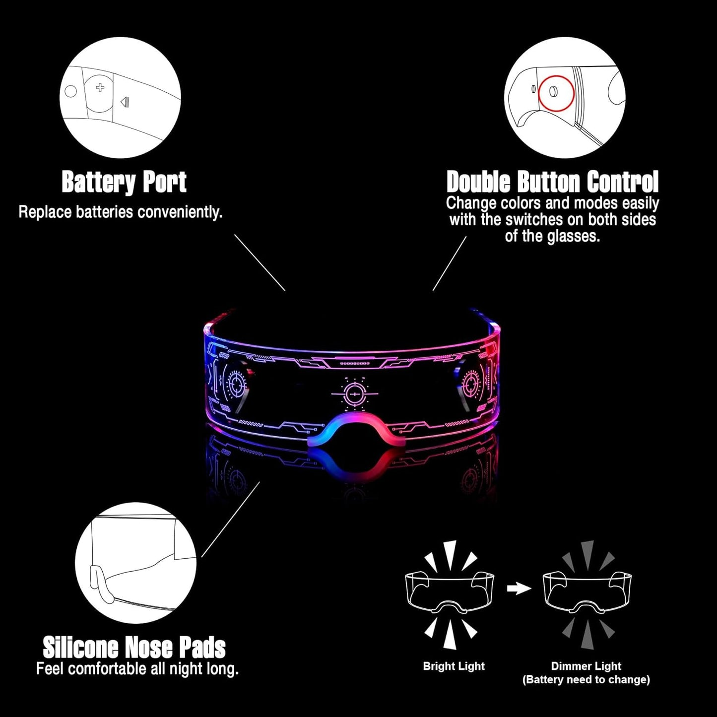 2 pack Light Up Glasses For Party LED Glasses For Kids Adults Multi Color Futuristic Sunglasses Space Accessories Neon Glasses,Gifts(Sleek Style)