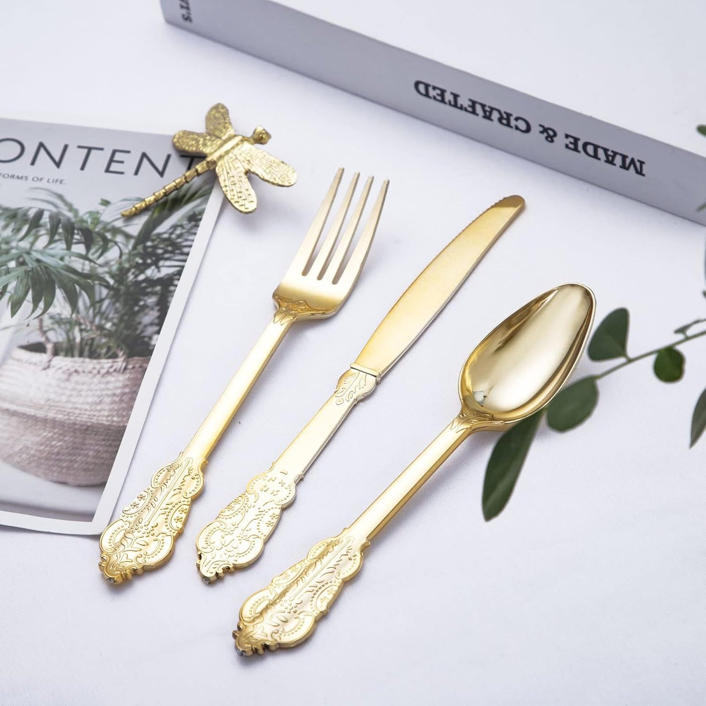 bUCLA 600 Pieces Gold Plastic Silverware - Plastic Gold Utensils - Heavyweight Disposable Cutlery - 200 Forks, 200 Spoons, 200 Knives for Party & Thanksgiving