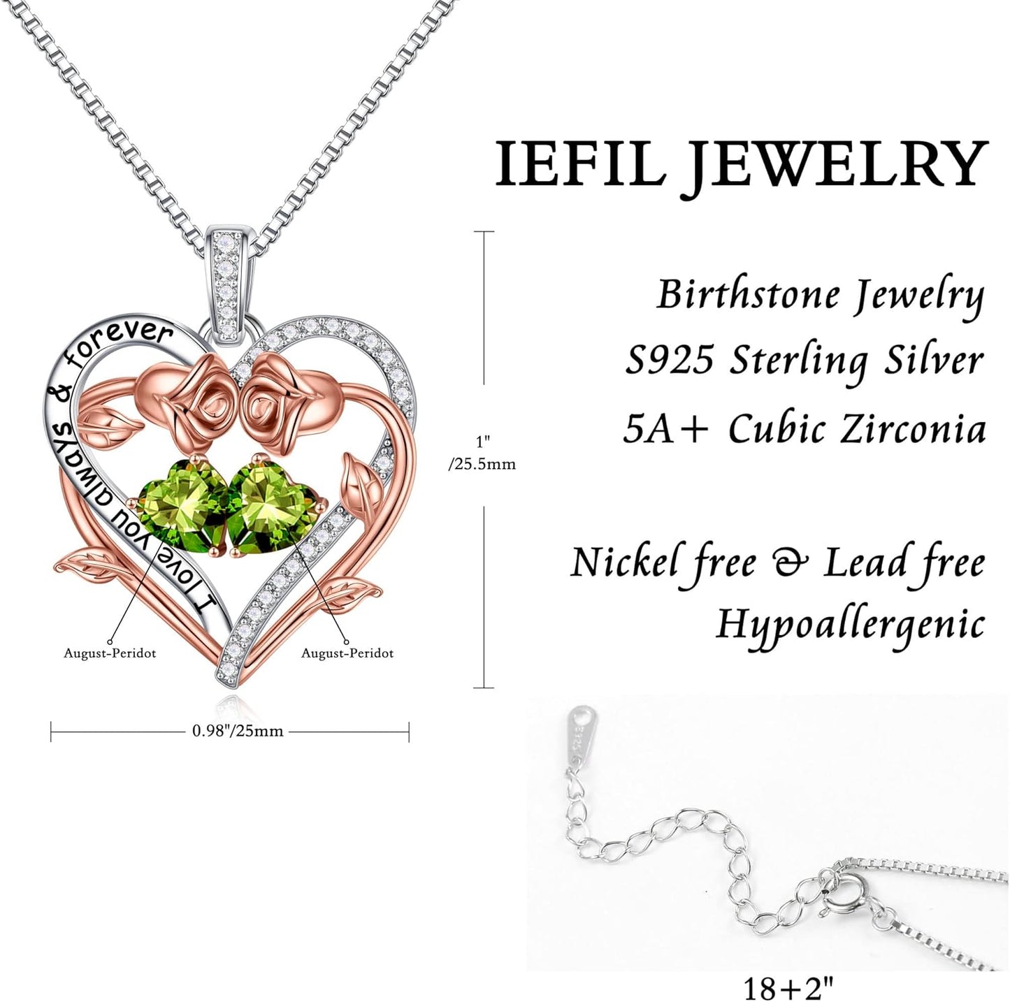 Iefil Rose Heart Double Birthstone Necklace Gifts for Wife Her Mom Women, Birthstone Jewelry Gemstone Birthday Gifts for Girlfriend Grandma Her Wife Women