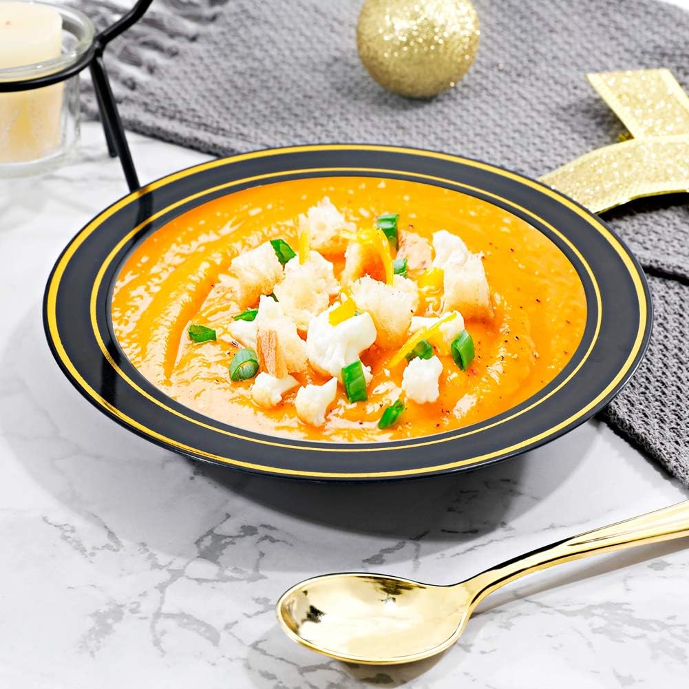 bUCLA 60 Pack Black Plastic Bowls with Gold Rim - 12 oz Plastic Soup Bowls Disposable for Wedding, Party, Gathering & New Year