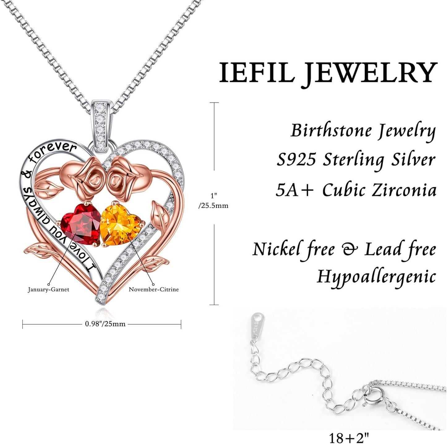 Iefil Rose Heart Double Birthstone Necklace Gifts for Wife Her Mom Women, Birthstone Jewelry Gemstone Birthday Gifts for Girlfriend Grandma Her Wife Women