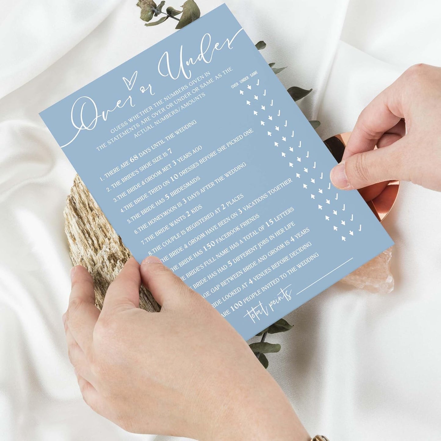 Bridal Shower Games Cards, Guess Over or Under, 25 Guest Cards, Minimalist Blue Wedding Party Supplies