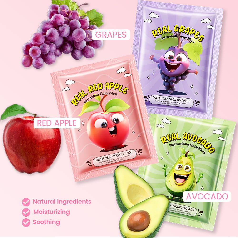 Kaely 10 Pack Fruit Face Masks for Kids, Kids Face Mask Spa Day Kit Supplies, Spa Party Favors for Teens Girls Women, Sheet Facial Mask Skincare Gifts Set, Moisturize Soothe for All Skin Types, 04