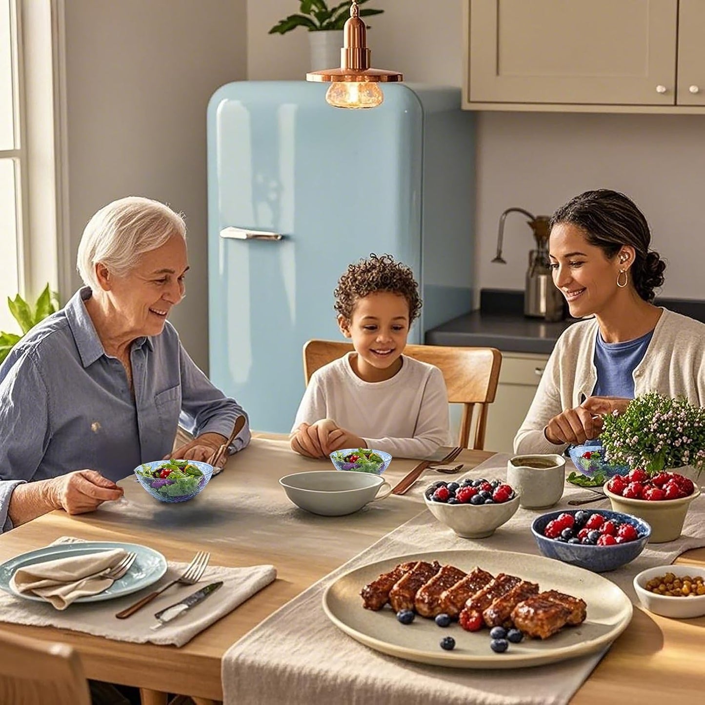 I00000 50 Pack 12 Ounce Blue Plastic Bowls Hammered Clear Bowl with Gold Rimmed, Heavy Duty Disposable Bowl Set,Elegant Small Bowls for Thanksgiving Party, Weddings, Catering