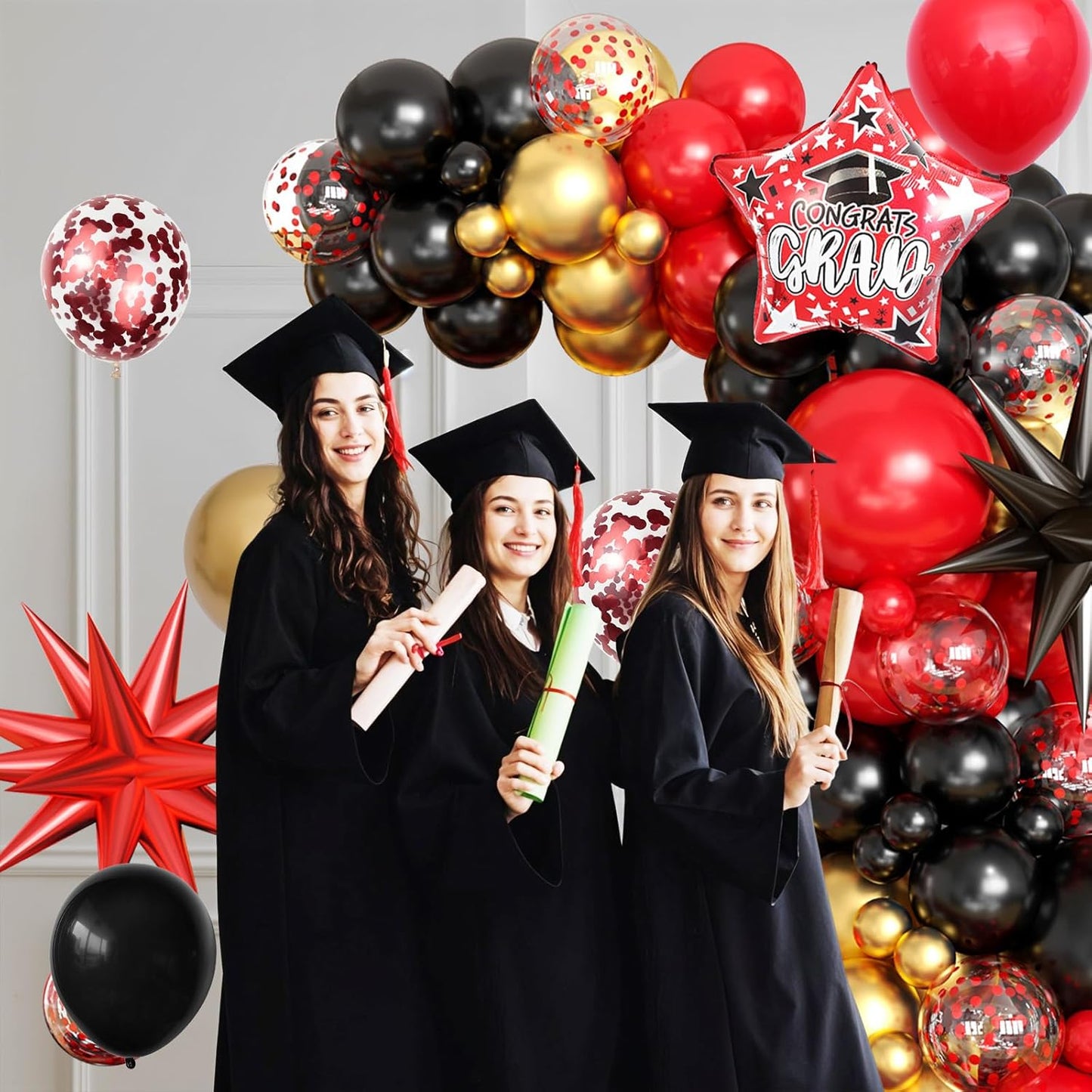 Red Black Gold Balloon Arch Kit with Explosion Star Foil Balloons Black Gold Balloons Red Confetti Graduation Balloon Garland for 2025 Graduation Decoration Birthday Baby Shower Party