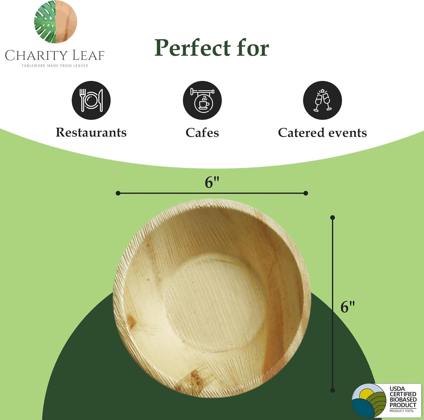 Charity Leaf Disposable Palm Leaf 6" Round Bowl (50 pcs) Dipping Bowls | Bamboo Like| All Natural and Biodegradable | Charcuterie Boards, BBQs, and Parties