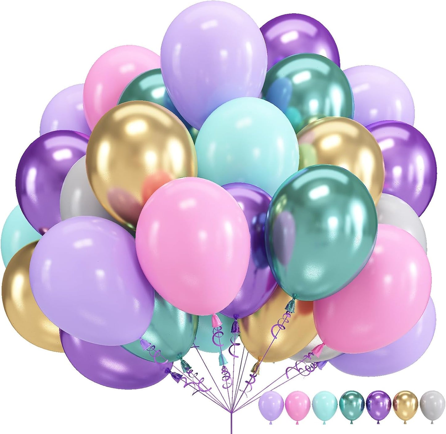 Mermaid Balloon, 60 Packs 12 Inch Mermaid Theme Birthday Party Decorations with Metallic Pink Purple and Blue Balloons fo Girls Mermaid Balloons Baby Shower Party Supplies
