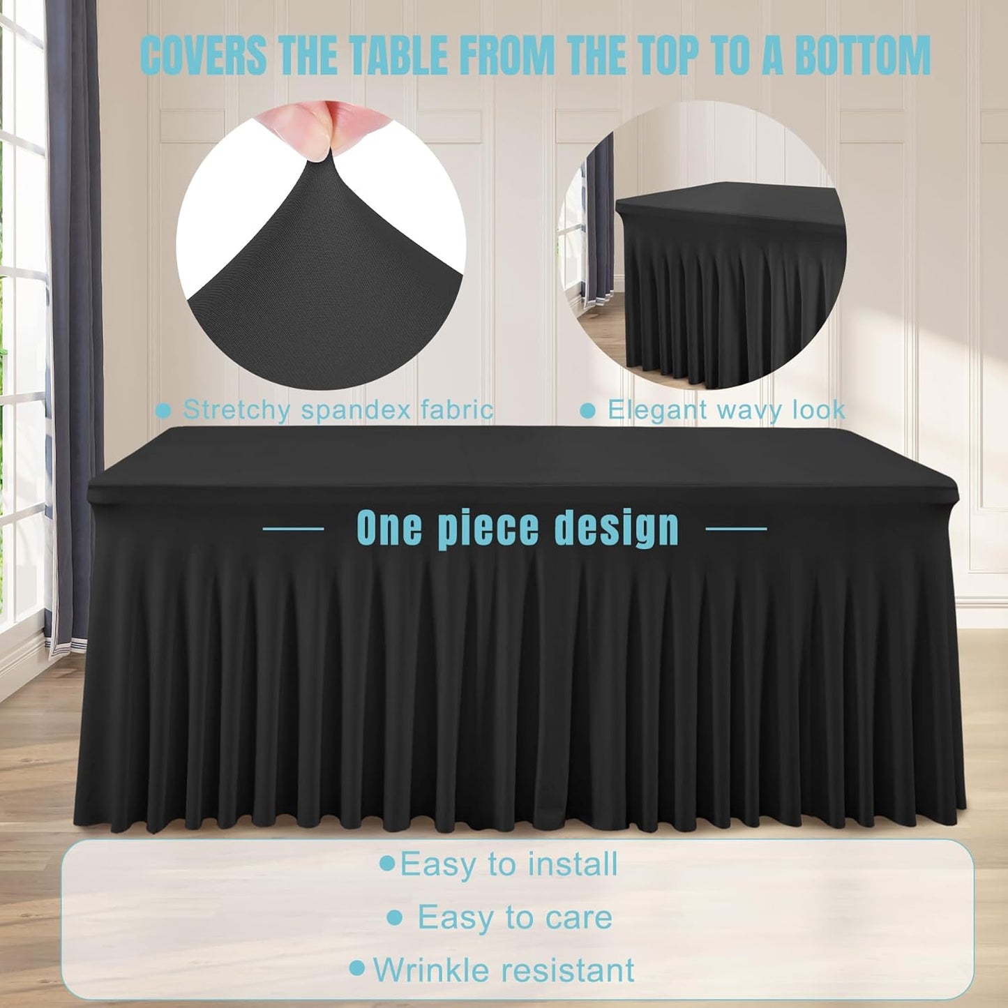 6 Packs Black Table Clothes for 8 Foot Rectangle Tables, One-Piece Wrinkle Resistant Stretch Spandex Table Covers with Skirt for Event Banquet Wedding Birthday Party
