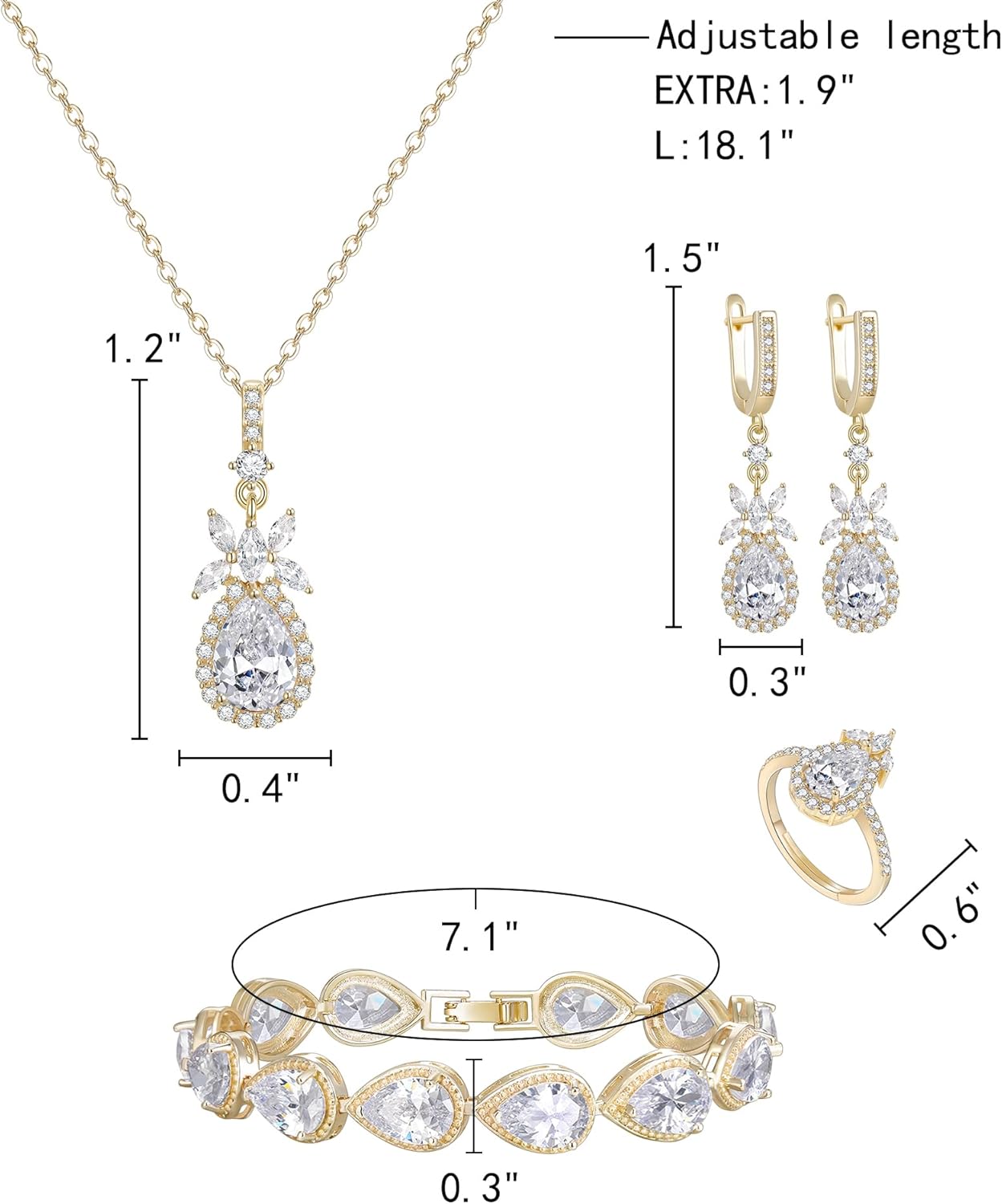 EleQueen Water Drop Pendant Necklace Long Dangle Earrings Tennis Bracelet Set, Sparkle Cubic Zirconia Teardrop Wedding Jewelry Sets for Bride Bridesmaid