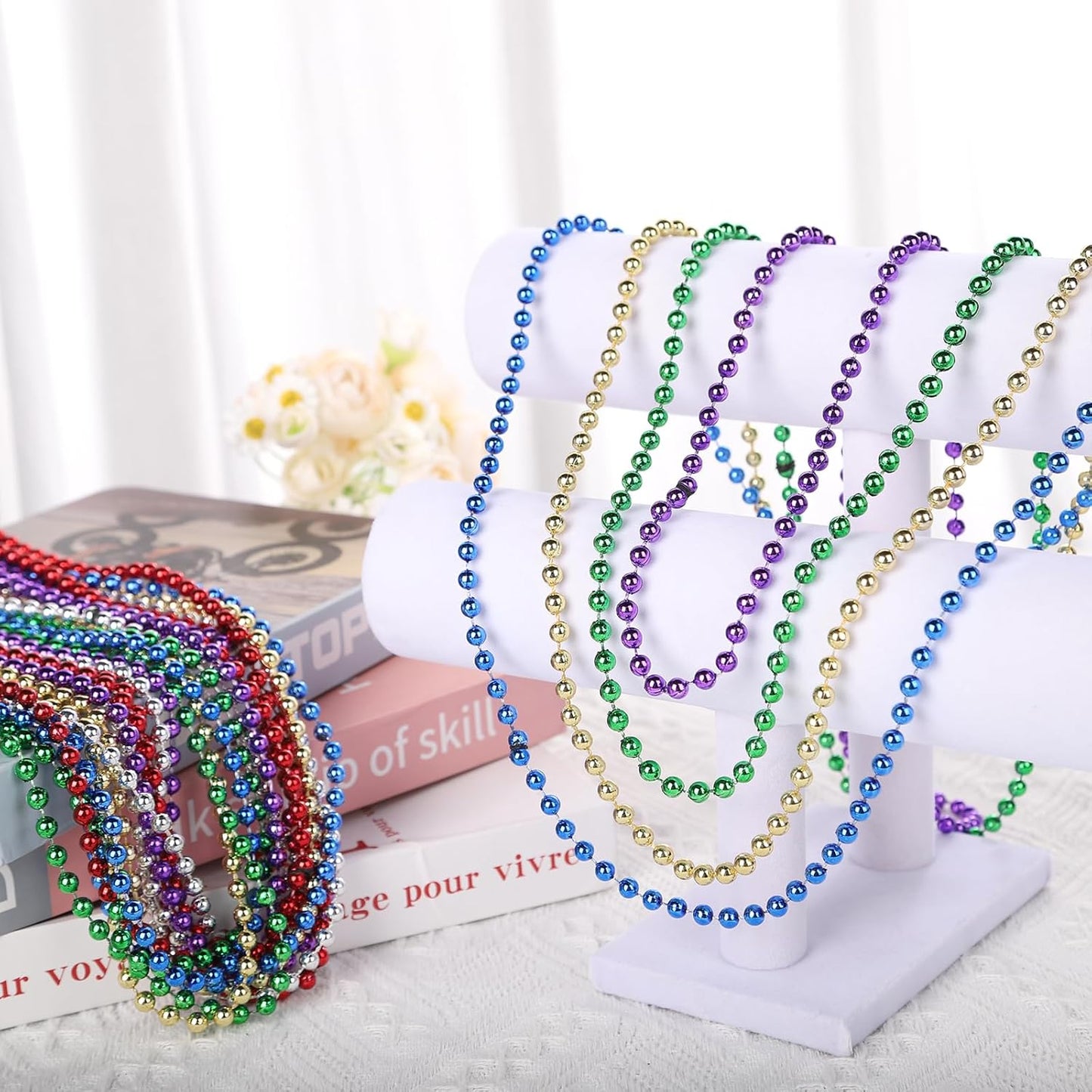 12 Pack Mardi Gras Beads Necklaces, 33 Inch Plastic Beads for Party Favors, Festival Decorations, Parade Throws, Christmas, St. Patrick's Day Celebrations (6 Colors)