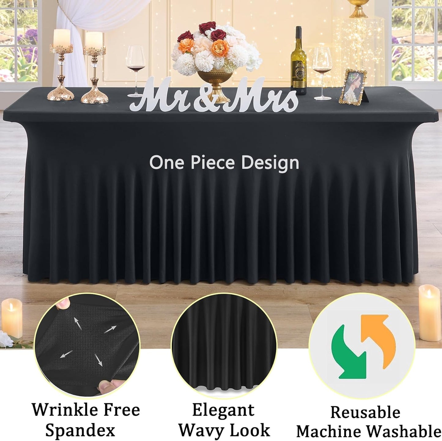 4 Pack Black Spandex Tablecloths for 6 Foot Rectangle Tables, Wrinkle Free Stretchy Table Clothes with Skirt for Weddings Birthday Party Banquet Baby Shower