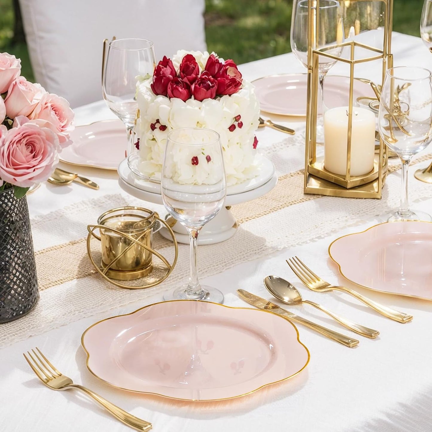 Liacere 100PCS Pink Plastic Plates - Plastic Dinner Plates - Floral Disposable 10inch Heavy Duty Pink and Gold Dinner Plates, Perfect for Wedding & Party & Holiday