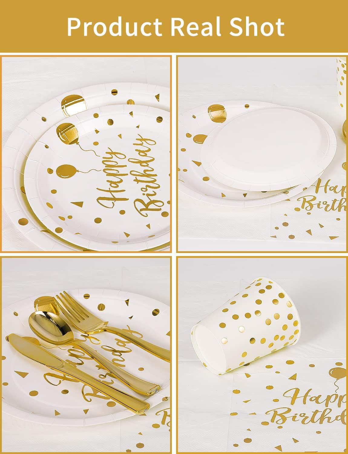 Birthday Party Tableware, 161 Pieces White Gold Party Supplies, Party Dinnerware Sets Include Paper Plates Napkins Cups Silverware, for Shower Engagement Parties Decoration -20 Serves