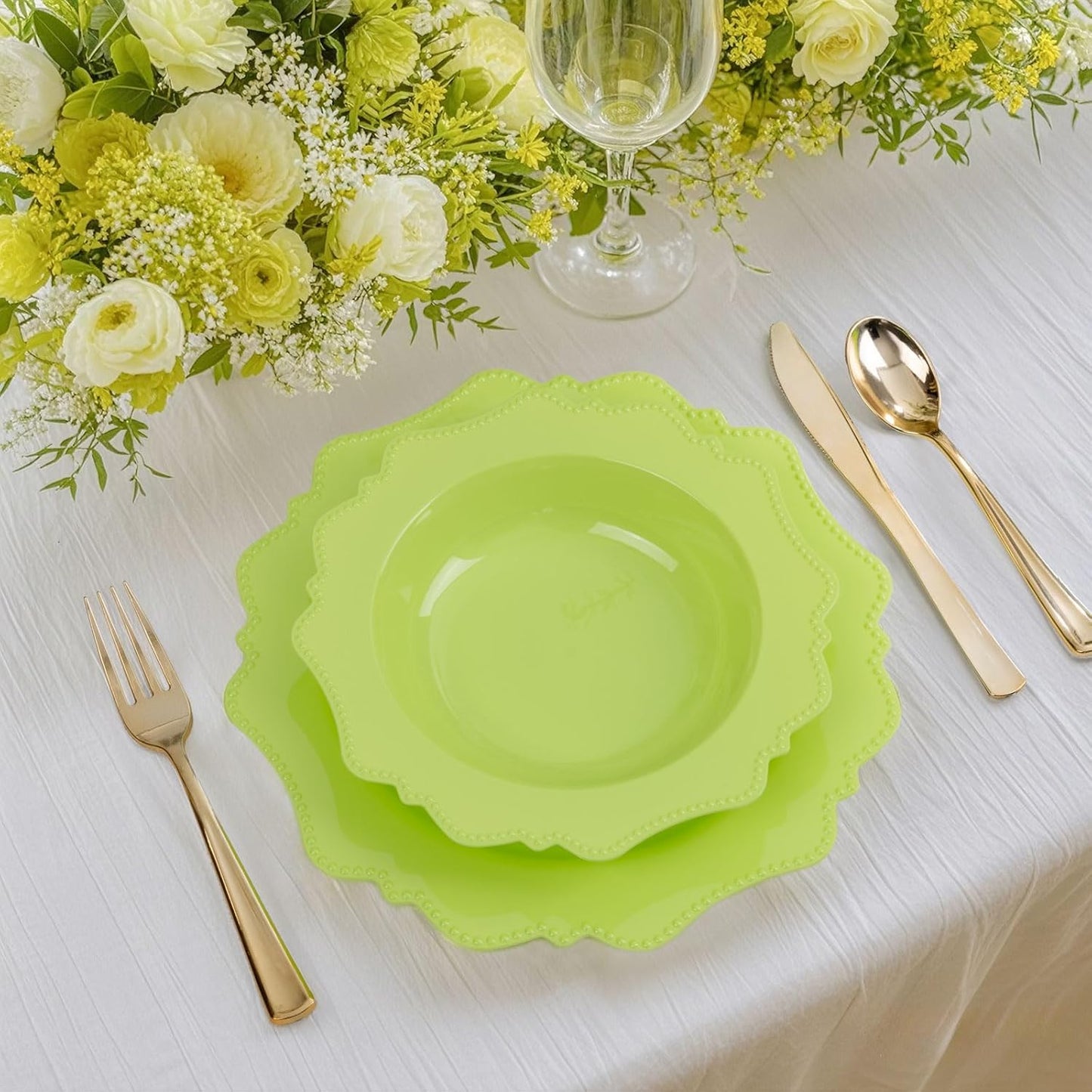 COLOSUS 60 Pack Lime Green White Plastic Bowls, 12 oz Disposable Soup Bowls, Premium Plastic Dinner Bowls,Heavy-duty Dessert Salad Bowl for Party, Wedding, Dinner, Christmas,Thanksgiving