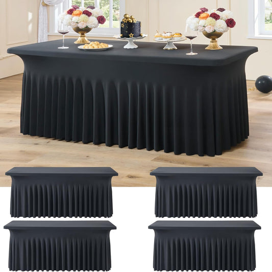 4 Pack Black Spandex Tablecloths for 6 Foot Rectangle Tables, Wrinkle Free Stretchy Table Clothes with Skirt for Weddings Birthday Party Banquet Baby Shower