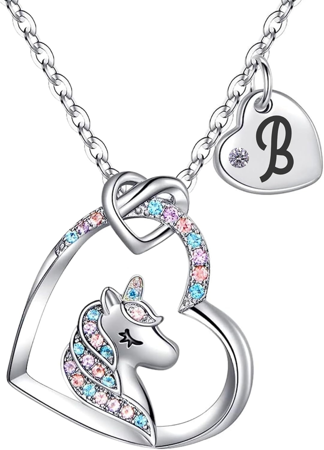 Unicorn Necklace for Girls Kids with Personalized Initial Heart Pendant, 18K Gold Fashion Jewelry for Girls, Colorful Heart Necklace for Birthday Gifts.